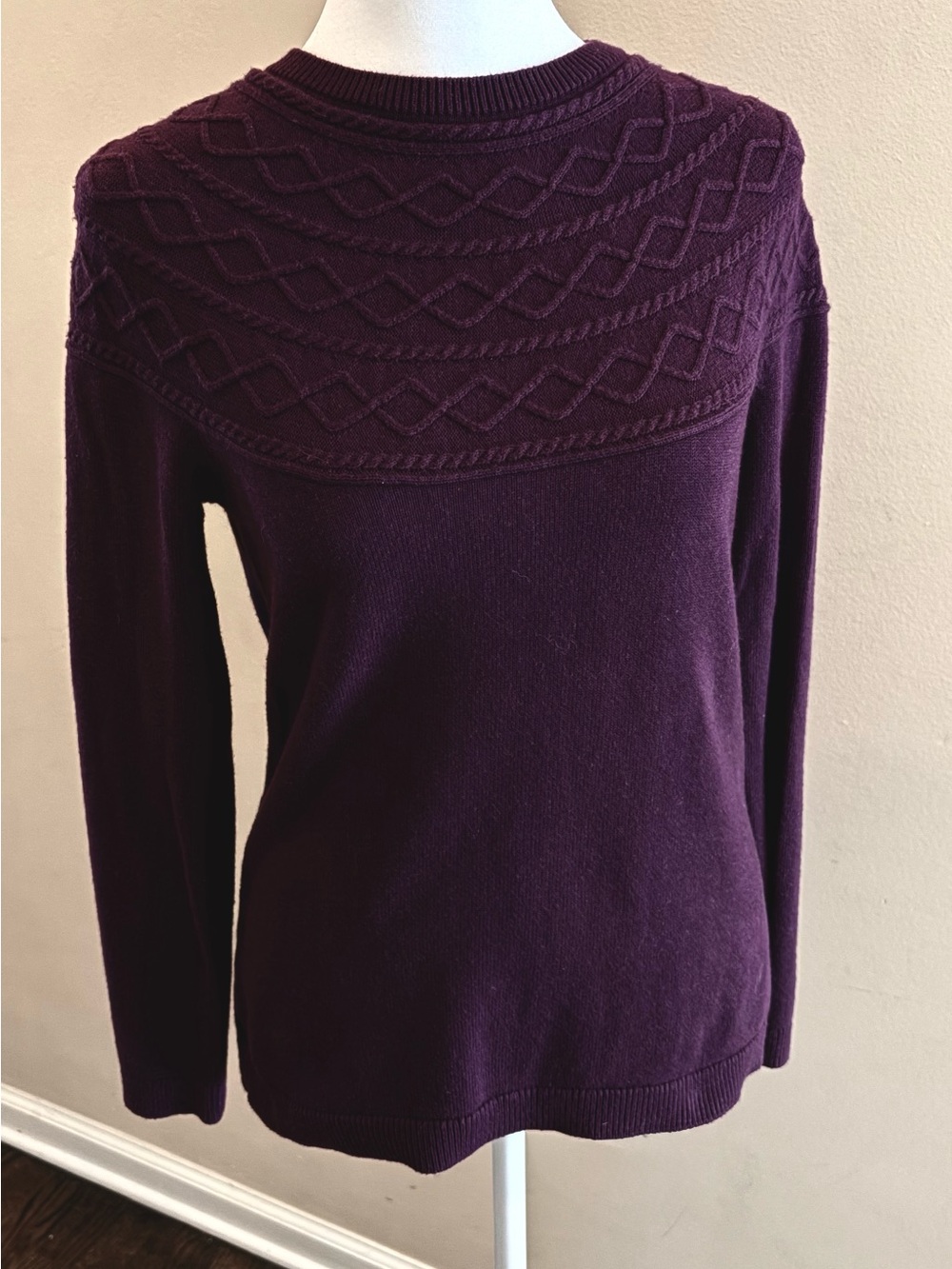 Talbots Deep Plum Crewneck Sweater with Cable Yoke Size SP